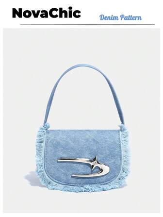 Jeans Blue Mini Half-Moon Saddle Bag With Fringe Decoration And Flap Cover, Suitable For Dating Or Travel, Perfect For Cow Girl , Blue