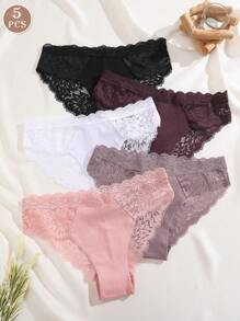 FINETOO 5pcs Lace Pattern Spliced Triangle Panties