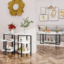 Coffee Table Set Of 3, Rectangle Coffee Table And 2 Accent Table, Faux Marble Tabletop,3 Piece Living Room Table Sets With Multi Tier Storage, For Small Space, Apartment, White And Blcak - White - View 3