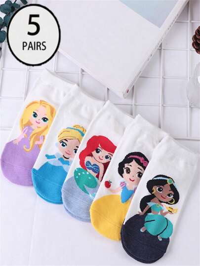 5 Pairs Princess Style Socks, Cute & Sweet Princess Design, Versatile For Daily Wear, Skin-Friendly, Breathable & Odor-Resistant, Women Socks