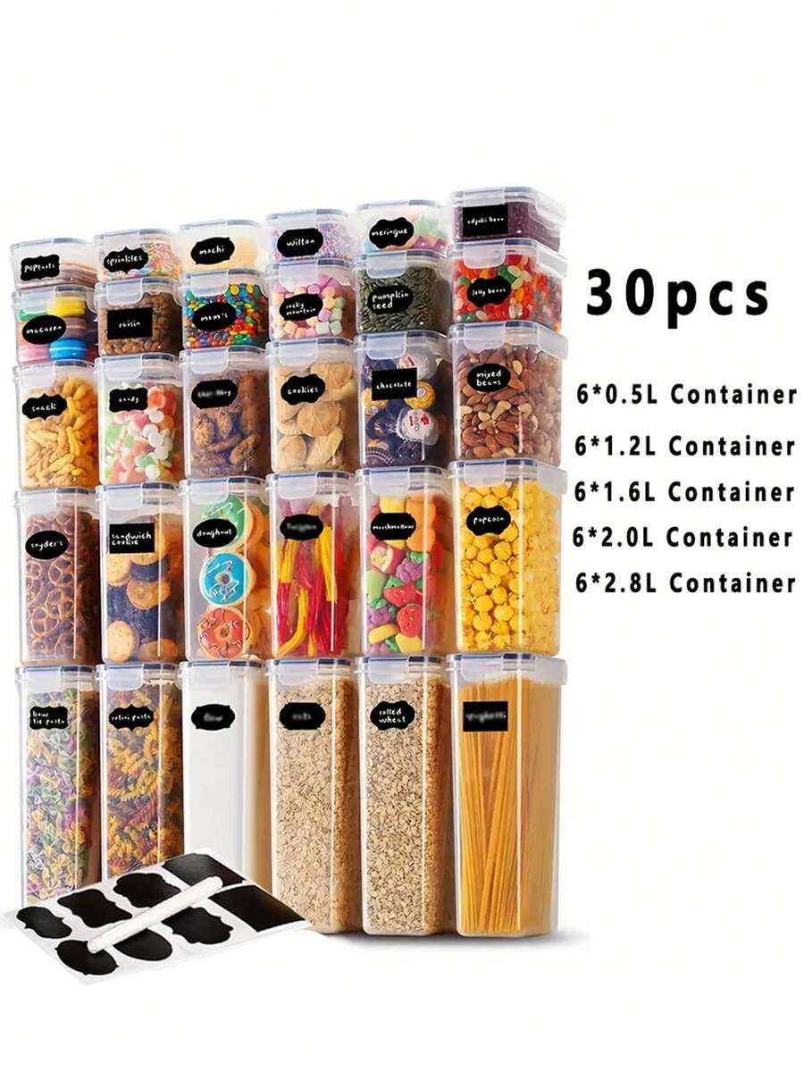 30pcs Airtight Food Storage Containers With Lids And Labels, Plastic Kitchen Storage Containers, Dry Food Canisters For Flour, Sugar And Cereal, Pasta, Tea, Nuts And Coffee Beans, Plastic Food Preservation Tank, Home Kitchen Supplies,Kitchen Storage & Organization,Organizer,Organiser,Decor,Decorations - Black and White - View 1