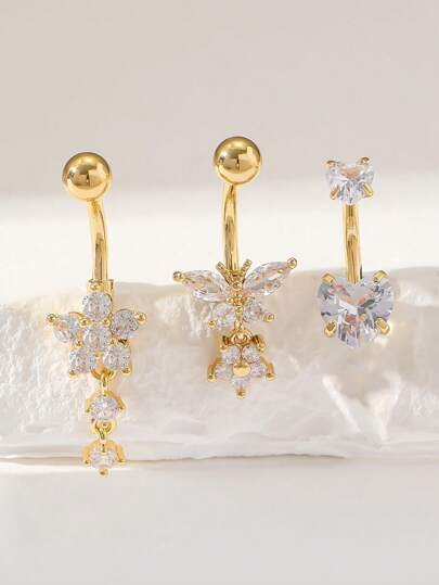 3pcs Gold-Plated Luxurious Body Jewelry Set Including Heart, Butterfly, Flower Shaped Belly Button Rings With Zirconia For Women Ideal For Valentine's Day, Thanksgiving, Easter, Halloween, Bar, Dance, Christmas And Birthday Gifts Valentines,Mom,Mother,Mother's Day,Gift