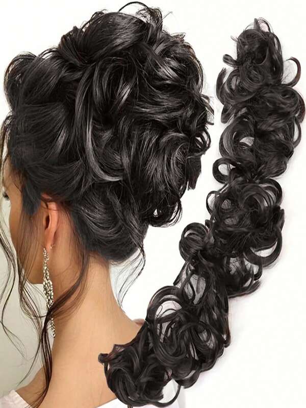 إضافات مجعدة لتصفيف الشعر، وسادات مجعدة لتصفيف الشعر الكعكة بأسلوب فوضوي، أدوات تزيين الشعر الكعكة بأسلوب القبعة الفرنسية/ شينيون، وأدوات تزيين الشعر الكعكة بأسلوب الحصان الذيل، إكسسوارات شعر، بالإضافة إلى شعر اصطناعي أسود / بني لتزيين الشعر لدى النساء باروكة