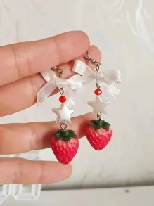 1pair Handmade Y2K Star, Bow, Strawberry Shaped Pendant Earrings, Suitable For Women To Wear As Aesthetic Jewelry Accessories, A Delicate Gift For Family