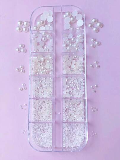 12 Lattice Box, Semicircle Faux Pearl Design Nails Decoration Accessories Diy Handmade Accessories, A Variety Of Size Mixed, White Imitation Pearls Nails Charms Nail Supplies Nail Gems
