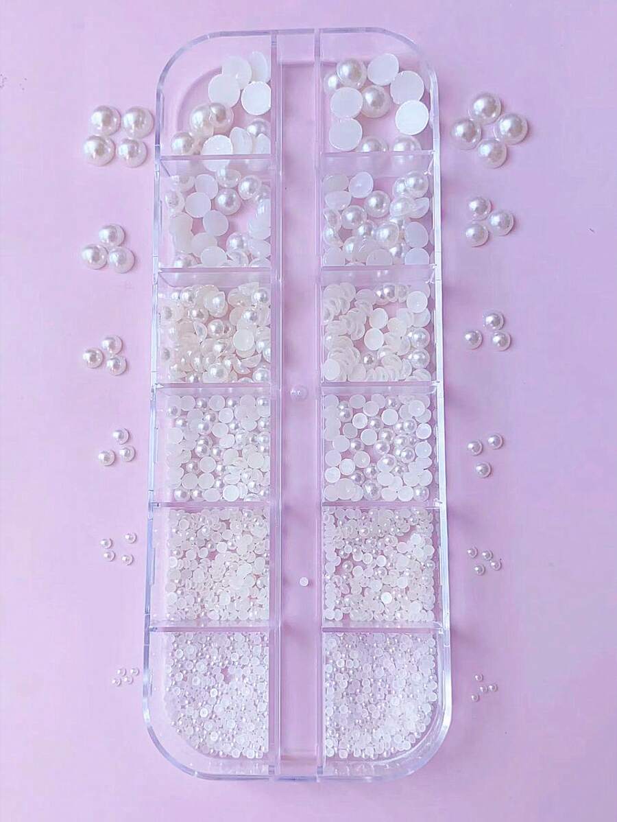 12件格盒裝半圓形仿珍珠美甲裝飾DIY配件,混尺寸白色仿珍珠美甲飾品美甲用品美甲小飾品 - 米色 - 查看 1