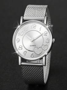 Pulseira feminina de malha de plástico simples moda digital e relógio de pulso de quartzo com padrão de coração e conjunto de joias em formato de coração (6 unidades / conjunto) como presente para alunos que retornam à escola