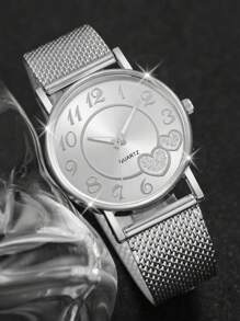 Pulseira feminina de malha de plástico simples moda digital e relógio de pulso de quartzo com padrão de coração e conjunto de joias em formato de coração (6 unidades / conjunto) como presente para alunos que retornam à escola