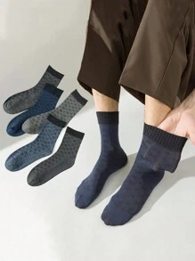 5 双男士超薄透气钻石提花中筒商务袜，柔软防滑，适合休闲和旅行穿着（随机混合），秋季 - 彩色 - 查看 3