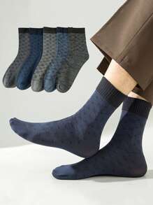 5 双男士超薄透气钻石提花中筒商务袜，柔软防滑，适合休闲和旅行穿着（随机混合），秋季 - 彩色 - 查看 1