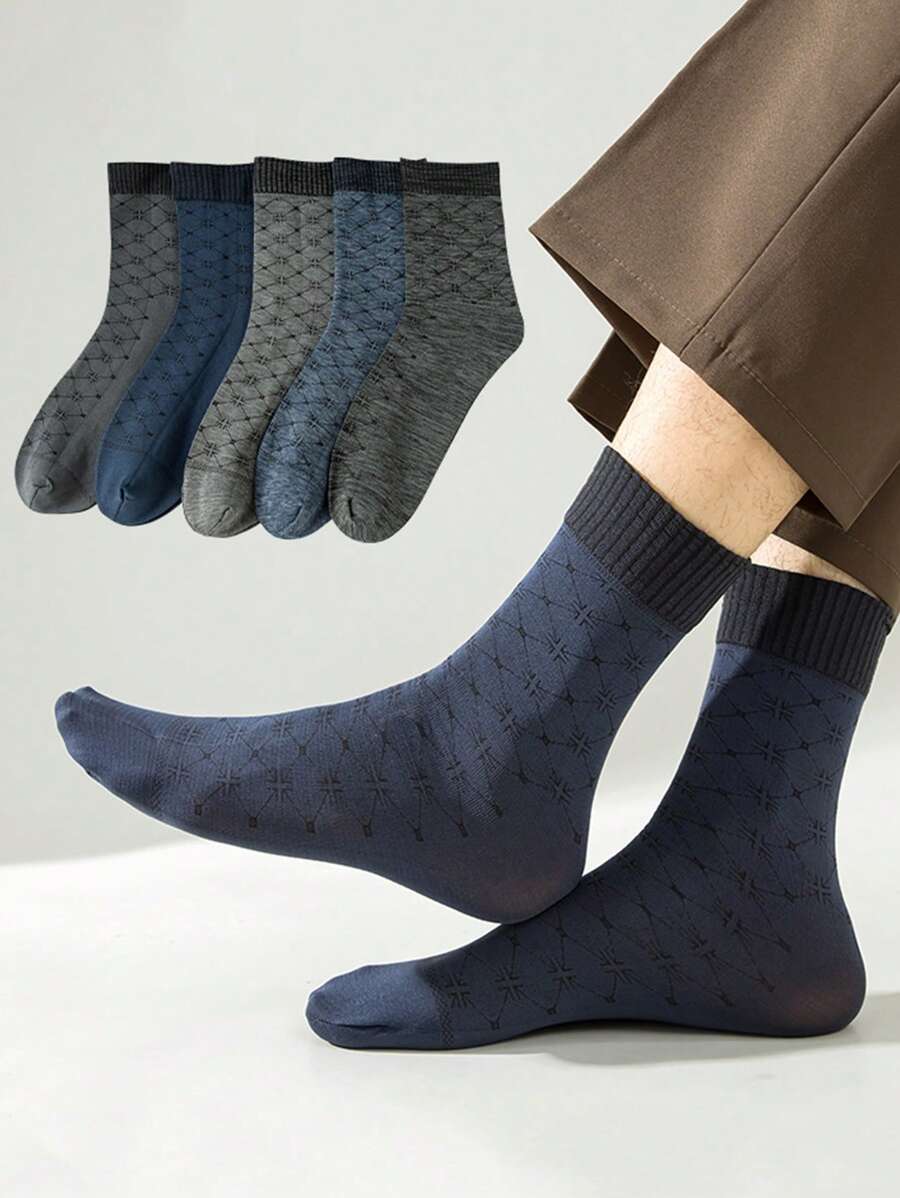 5 双男士超薄透气钻石提花中筒商务袜，柔软防滑，适合休闲和旅行穿着（随机混合），秋季 - 彩色 - 查看 1
