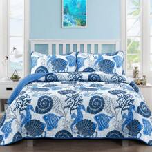 3 Pieces Coastal Quilt Set Queen King Size , Summer Beach Blue Ocean Theme Quilts With Pillowcases Microfiber Ocean Bedding Set Nautical Bedspreads Coverlet Lightweight Comforter For Wedding Items,Valentines Day Home Bed Room Decor,Mothers Day Gift,All Season - 藍色海馬 - 查看 2