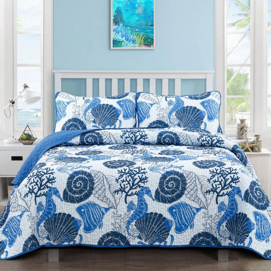 3 Pieces Coastal Quilt Set Queen King Size , Summer Beach Blue Ocean Theme Quilts With Pillowcases Microfiber Ocean Bedding Set Nautical Bedspreads Coverlet Lightweight Comforter For Wedding Items, Home Bed Room Decor, Ideal Gifts,All Season - 藍色海馬 - 查看 1