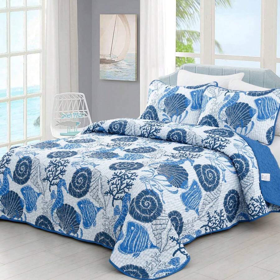 3 Pieces Coastal Quilt Set Queen King Size , Summer Beach Blue Ocean Theme Quilts With Pillowcases Microfiber Ocean Bedding Set Nautical Bedspreads Coverlet Lightweight Comforter For Wedding Items,Valentines Day Home Bed Room Decor,Mothers Day Gift,All Season - 藍色海馬 - 查看 1