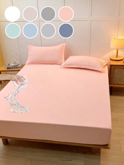 2/3pcs Waterproof Bedding Set, Soft & Comfortable Bedroom Bedding, Solid Color Bed Sheet Set, Fitted Sheet, Suitable For Double/Queen/King Size Bed, Ideal For Bedroom, Dorm (1pc Fitted Sheet And 1/2pc Pillowcase)
