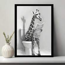 Quadro decorativo de parede para banheiro sem moldura com girafa, tela com imagens engraçadas de animais lendo jornal no banheiro, pôster em preto e branco, ideal para presentes de aniversário e formatura. - Multicolorido - Ver 4