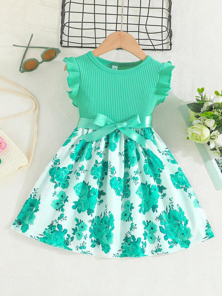 少女夏季可愛花卉印花圓領短袖A字裙 - 綠色 - 查看 1