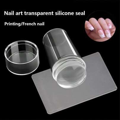Nail Art Transparent Stamper With Cover & Scraper, 2.8cm French Manicure Transfer Stamp Tool