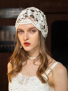 1 pieza Mujeres gorro hecho a mano de punto de ganchillo en unicolor, gorro holgado y transpirable adecuado para uso diario