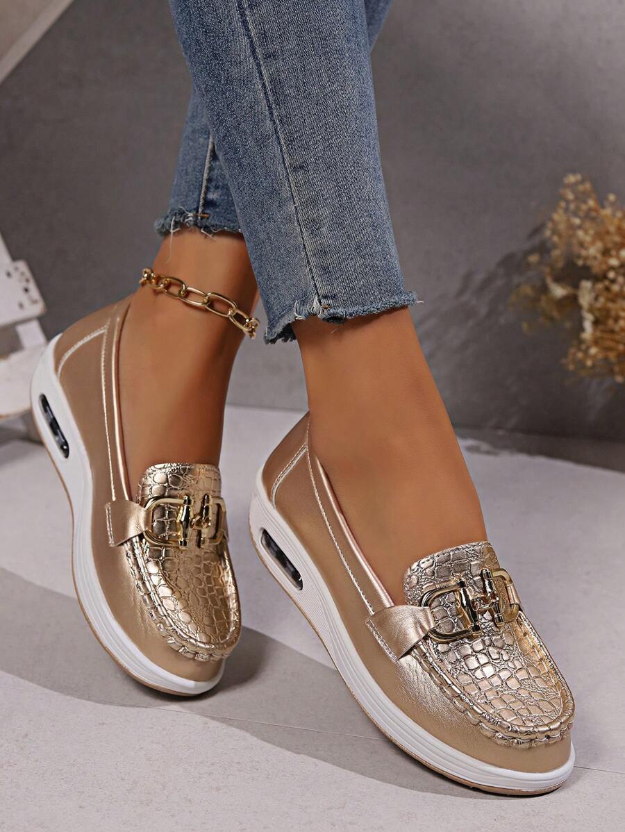 Spring Summer Fashion Women Thick-Soled Sports Shoes, Leather Upper Shaky Loafers With Tread And Slouchy Style Wedges