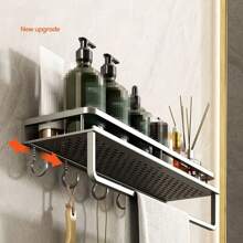 1個無痕收納架，多功能浴室壁掛毛巾架，長40厘米/15.74英寸，非常牢固，可用於香料罐收納(帶有布架和掛鉤)，壁掛式單層收納架，銀灰色 - 40公分/帶桿/帶鉤 - 查看 10