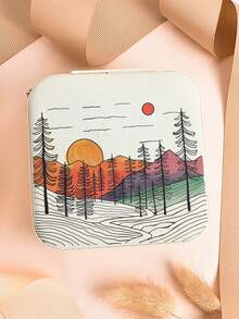 1個極簡主義線條山水手提珠寶收納盒，PU皮革小型珠寶收納盒，簡單珠寶收納盒，適用於女孩和女人的禮品盒 - 米色 - 查看 1