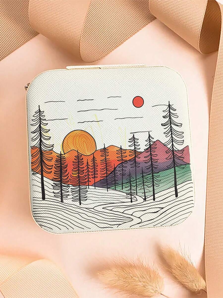 1個極簡主義線條山水手提珠寶收納盒，PU皮革小型珠寶收納盒，簡單珠寶收納盒，適用於女孩和女人的禮品盒 - 米色 - 查看 1