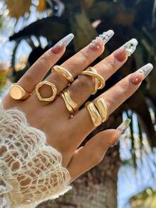 imoli 4入組套女士創意合金圓盤、水鑽、油滴、眼睛和珠子吊墜開口戒指套裝