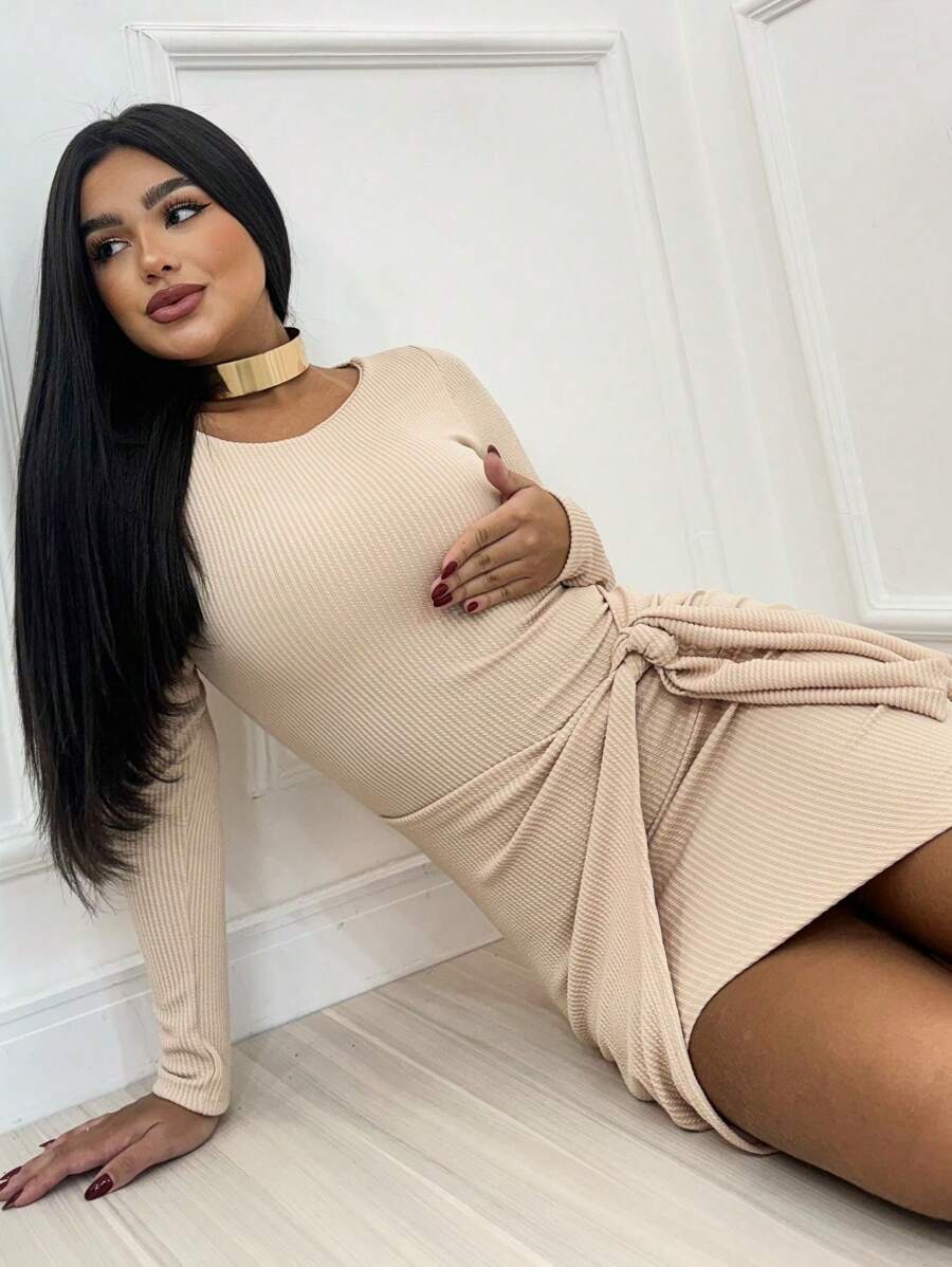 Vestido Feminino Midi Com Fenda Laço Amarrar Frente