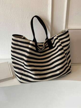 Yogodlns Simple Stripe Design Tote Bag For Girls Women Canvas Shoulder Bag Ladies Shopping Bags High Quality Handbags School Tote Bag, Portable, Foldable, Business Casual, Suitable For Teen Girls Women College Students, Teacher, Rookies & White-Collar Workers College, Vacation, Beach, Holiday, Shopping, School Handbag, School Bookbag, Back To School Bags, Large Capacity, Lightweight, Classic Casual, Perfect For Back To School, First Day Of School, Holiday, Tote Bags For School, College Essentials , Teacher Gift