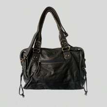 Retro Oversized Woven Tote Bag, Distressed Washed Leather, Multifunctional & Millennium Style Bag With Multiple Compartments For Shoulder Or Crossbody, Eye-Catching Work Bags For Women, Y2k Bag, 2000s Fashion Style, Gothic Punk Bag For Women - Bronze - View 3