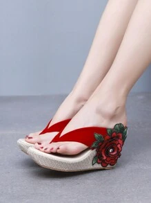 9cm Embroidered Platform Wedge Sandals, Thick Bottom Wedge Flip Flops, Summer Fashion Bohemian Beach Sandals, Beach Slippers, High Heel Slippers, Sweet Princess Style Sandals, Available In Multiple Sizes For Women - Red - View 3