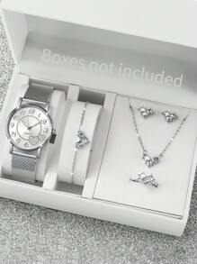 Pulseira feminina de malha de plástico simples moda digital e relógio de pulso de quartzo com padrão de coração e conjunto de joias em formato de coração (6 unidades / conjunto) como presente para alunos que retornam à escola