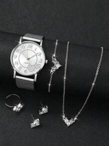 Pulseira feminina de malha de plástico simples moda digital e relógio de pulso de quartzo com padrão de coração e conjunto de joias em formato de coração (6 unidades / conjunto) como presente para alunos que retornam à escola
