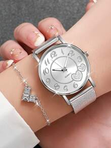 Pulseira feminina de malha de plástico simples moda digital e relógio de pulso de quartzo com padrão de coração e conjunto de joias em formato de coração (6 unidades / conjunto) como presente para alunos que retornam à escola