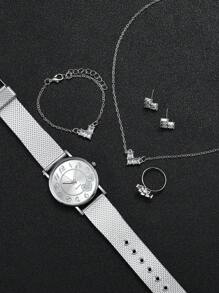 Pulseira feminina de malha de plástico simples moda digital e relógio de pulso de quartzo com padrão de coração e conjunto de joias em formato de coração (6 unidades / conjunto) como presente para alunos que retornam à escola