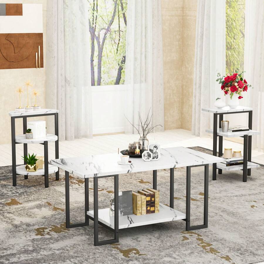 Coffee Table Set Of 3, Rectangle Coffee Table And 2 Accent Table, Faux Marble Tabletop,3 Piece Living Room Table Sets With Multi Tier Storage, For Small Space, Apartment, White And Blcak - White - View 1