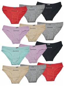 12 Pieces Solid Color Low Rise Ribbed Breathable Double Crotch Triangle Underwear - Multicolor - View 1