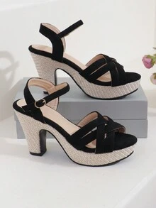 Women's Faux Suede Thick Sole Ankle Strap High Heel Sandals, Fashionable Summer Holiday Sandals - Black - View 2
