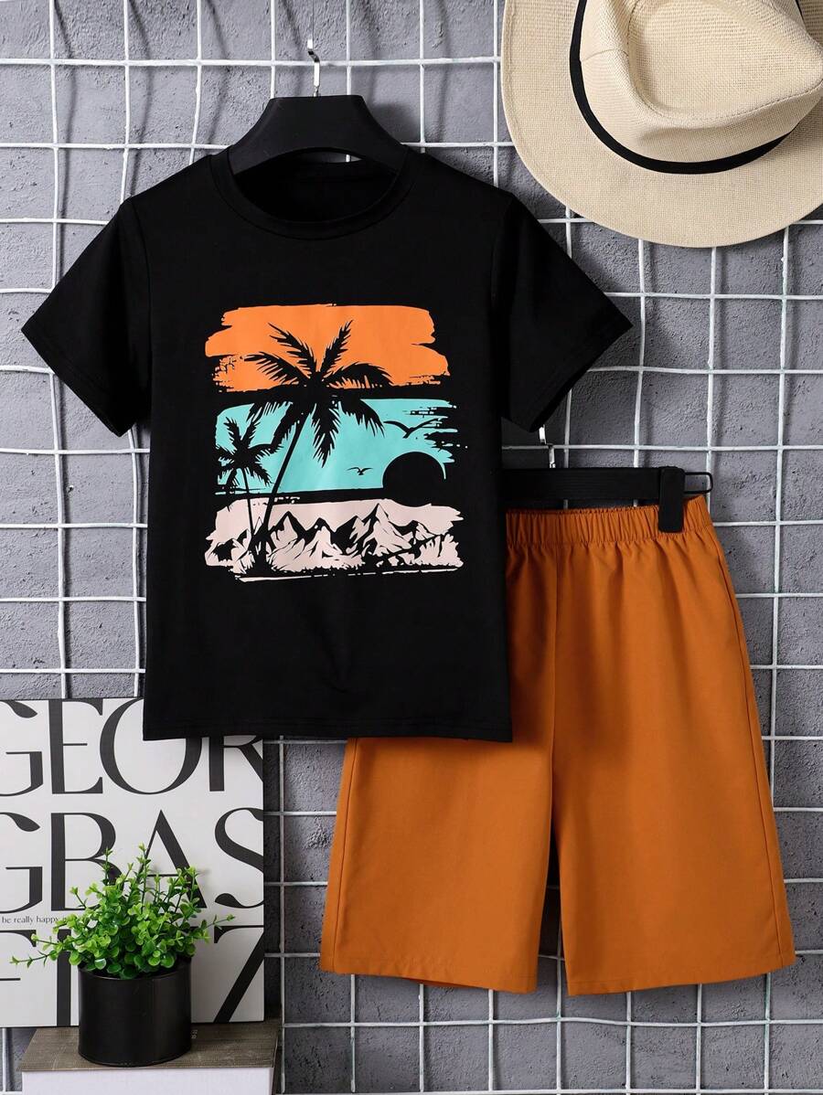 Summer Style, Tween Boy Casual Scenery Printed 2pcs/Set Outfit