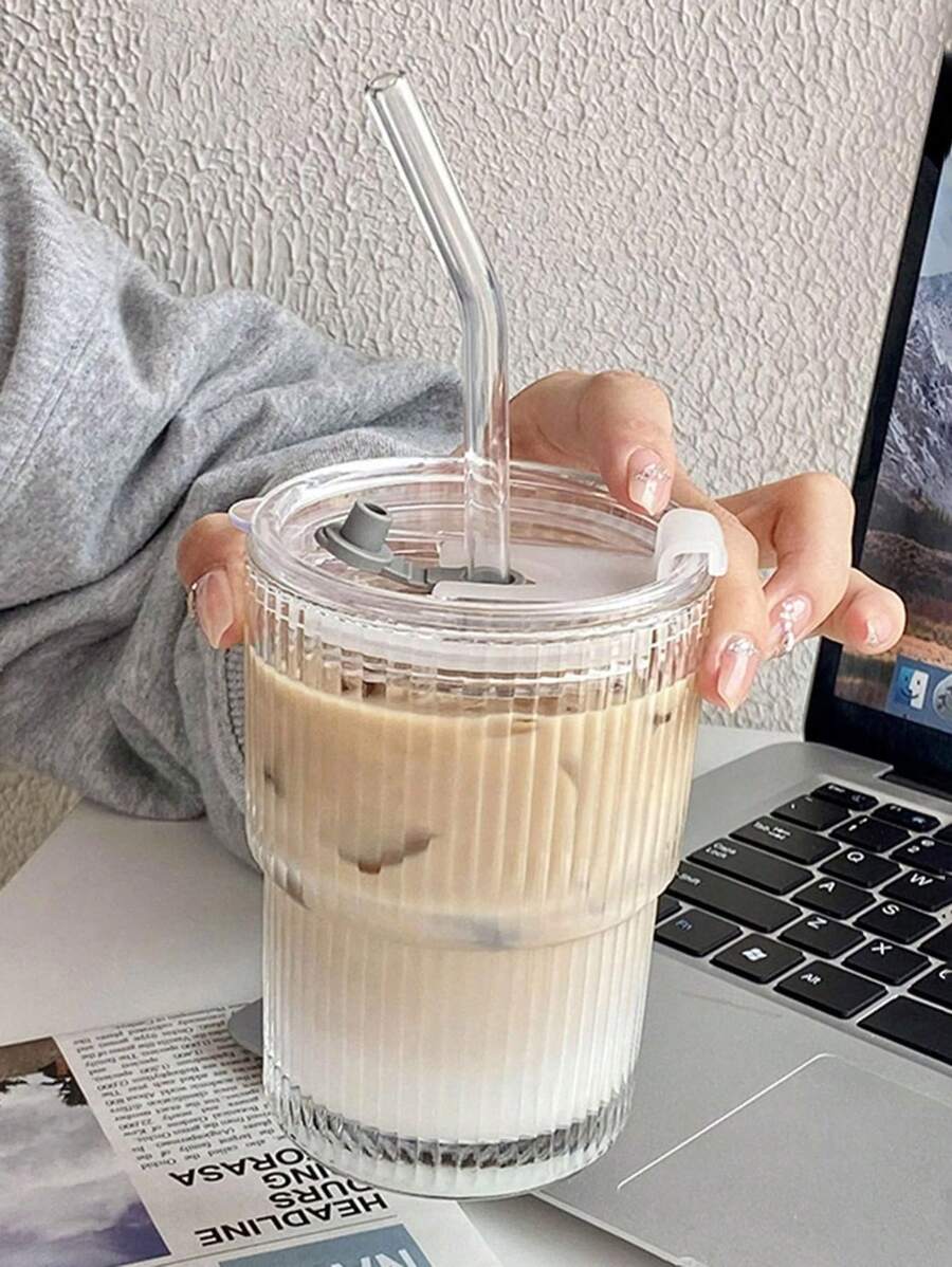 1pc Transparent Glass Cup With Striped Pattern Lid And Straw, Portable And Simple Style Cup For Water, Tea Or Coffee, With A Highly Attractive Ins Style; Comes With A Round Shape, With A Capacity Of 350 Ml Back To School