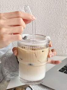 1pc Transparent Glass Cup With Striped Pattern Lid And Straw, Portable And Simple Style Cup For Water, Tea Or Coffee, With A Highly Attractive Ins Style; Comes With A Round Shape, With A Capacity Of 350 Ml Back To School