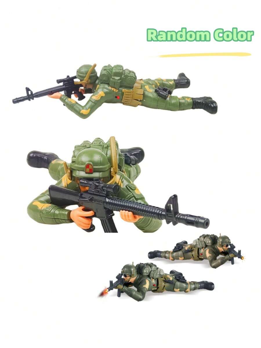 1入隨機顏色電動塑料軍人玩具，帶燈塑料爬行士兵模型玩具，適用於派對小禮物、生日禮物-電池不包含 - 彩色 - 查看 1