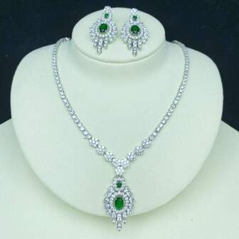 Premium Women's Jewelry Set, Grand Emerald Necklace & Earrings Set, Copper Studded With AAA , Perfect For Formal Parties, Brides And Cubic Zirconia Feast Gifts