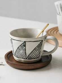 Aesthetically Handcrafted Coarse Pottery Coffee Mug With Wooden Coaster/Without Coaster, Small Blue Flower/Geometric Triangle Pattern Design, Suitable For Home And Office Use Back To School