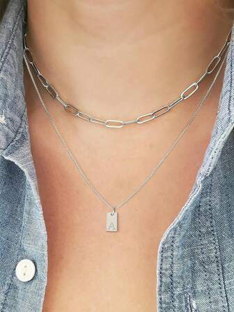 2入組女士細小字母項鍊，銀/金鍍鍊，不鏽鋼字母標籤吊墜，批發珠寶