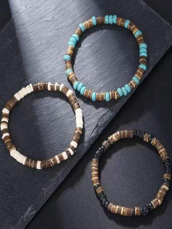 3 pezzi Braccialetti semplici colorati in legno geometrici e conchiglie di cocco, adatti per uomini da indossare in qualsiasi occasione