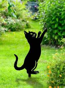 1pc 36*20cm Cat Shaped Home Garden Decoration Stake, Made Of Iron Metal, Lovely Cat Silhouette Animal Outdoor Statue, Perfect For Cat Lovers Garden Lawn Decor With Nameplate - Black - View 4