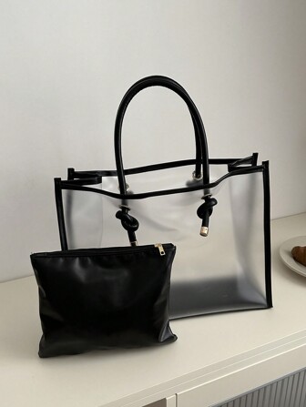 時尚透明色塊沙灘包套裝女款，包括2入組手提包