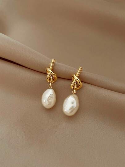 1 Pair Knotted Faux Pearl Dangle Earrings,Vintage And Elegant Knot Shaped Ear Studs Baroque Pearl Drop Earring,Unique Jewelry Gifts For Her
